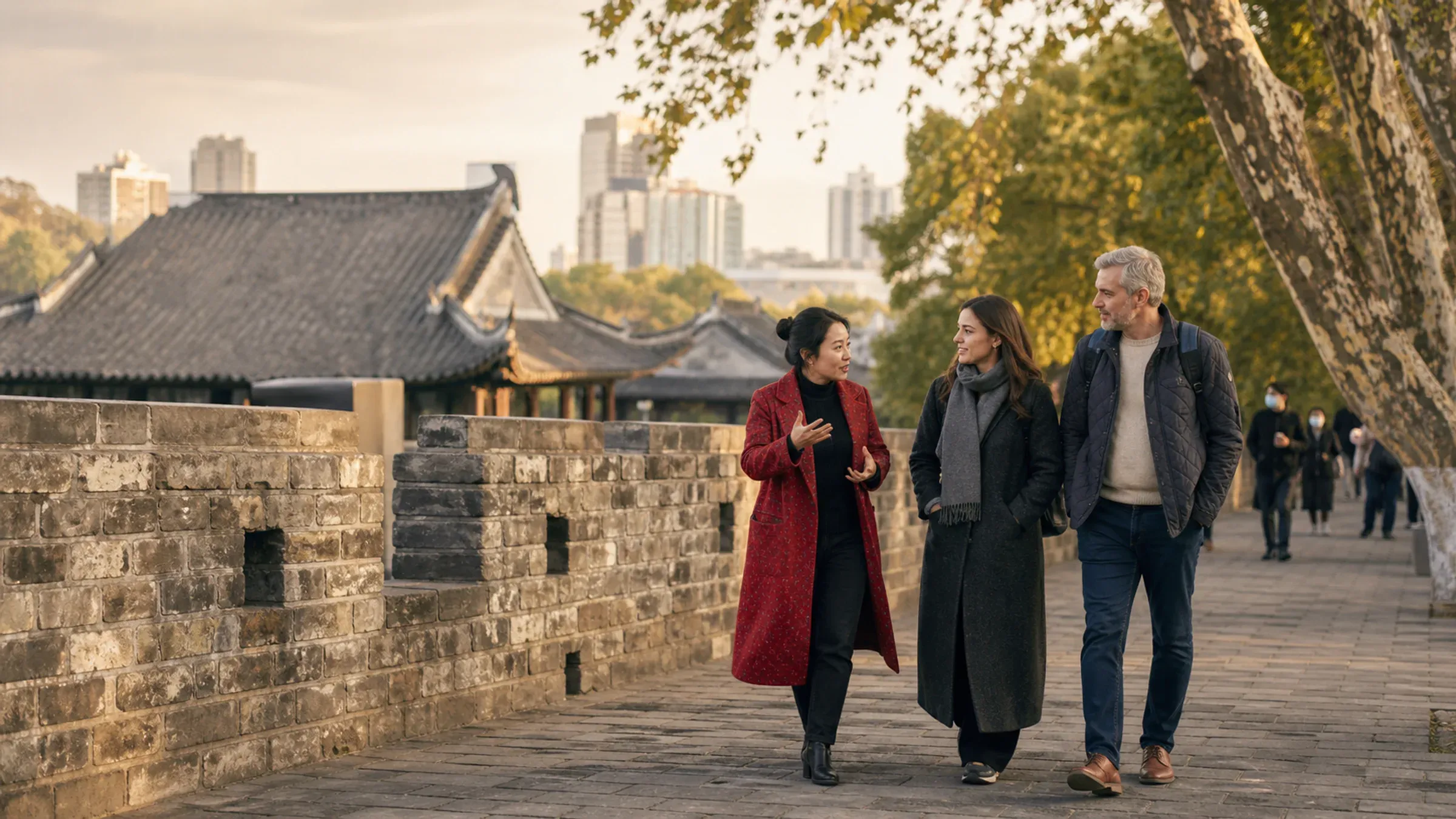Overseas travelers walking with a local guide beside Nanjing city walls