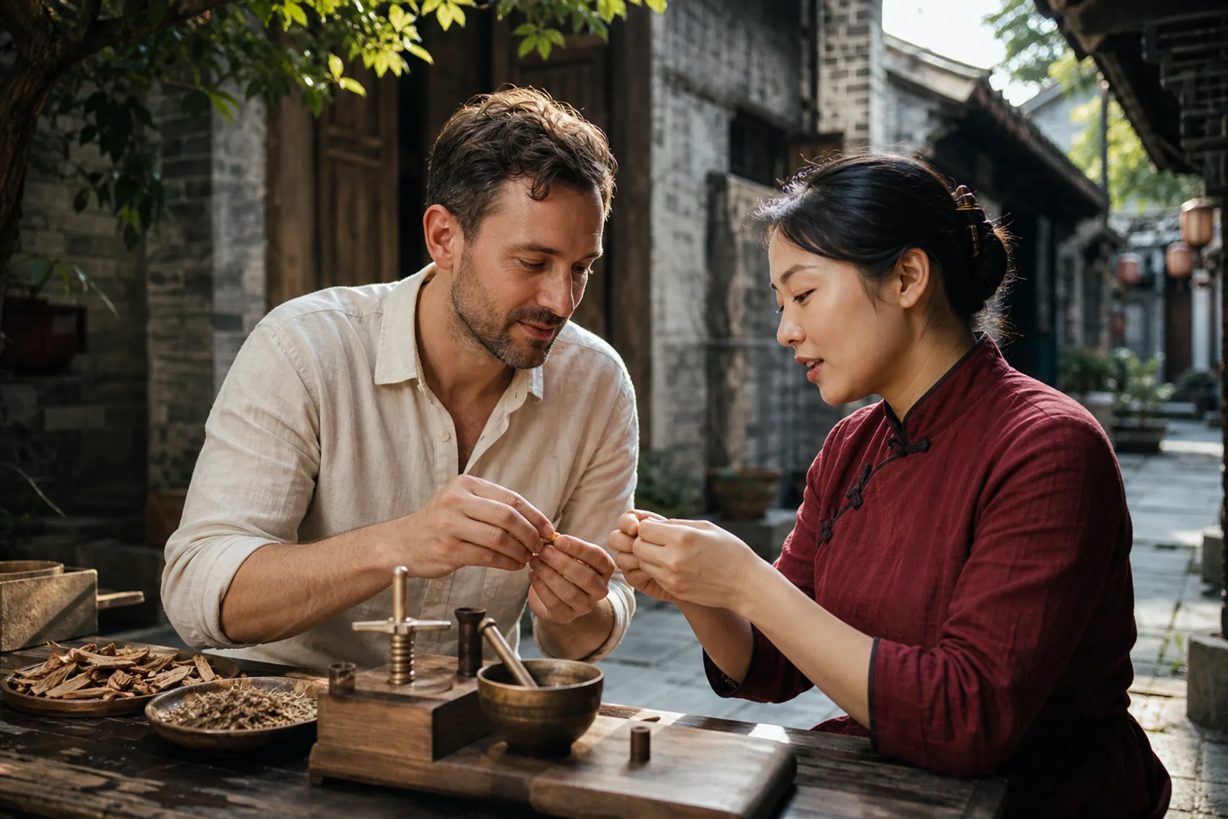 A traveler learning traditional incense craft in a Nanjing lane