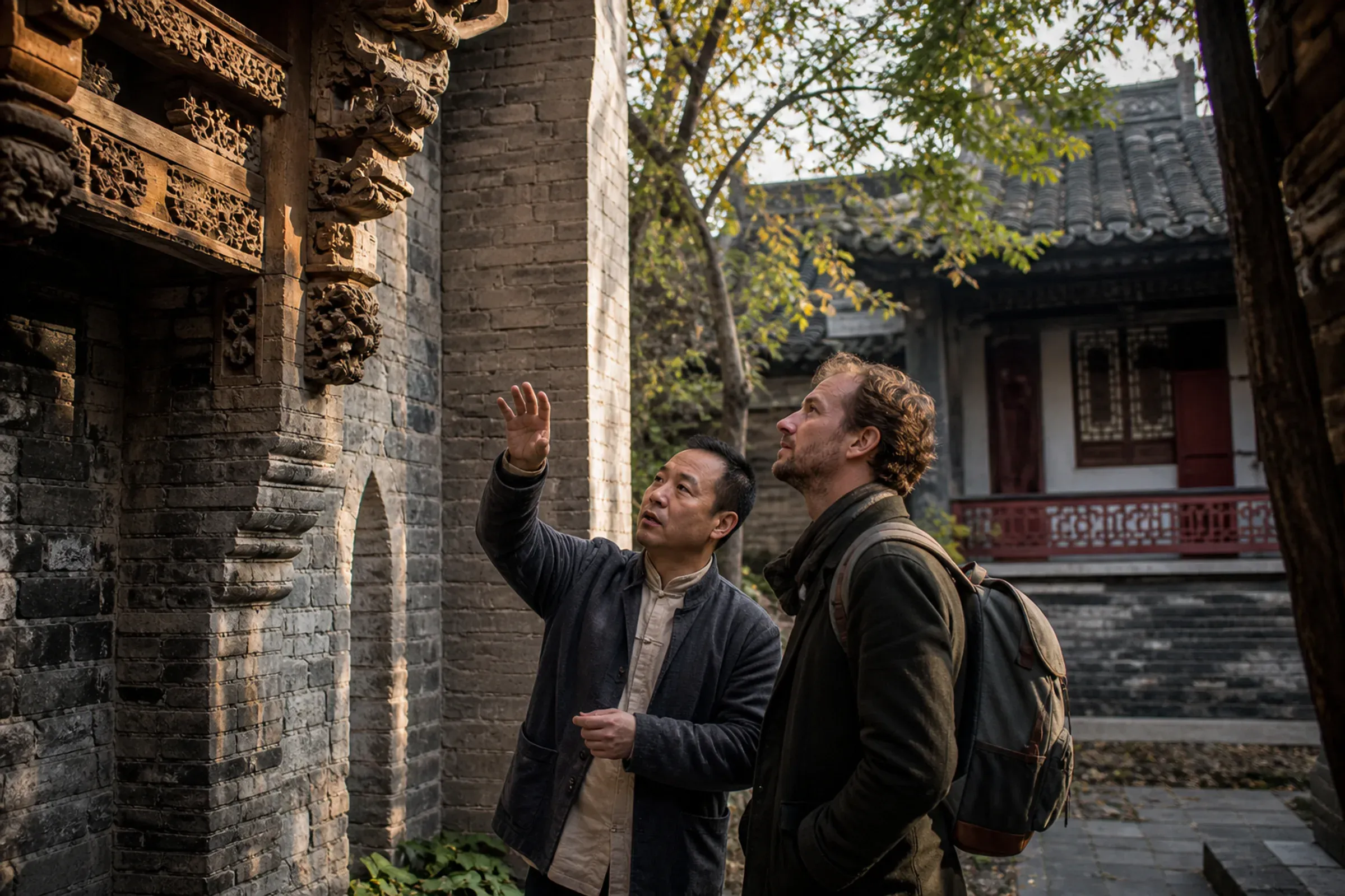 A traveler and guide examining historic Nanjing architecture